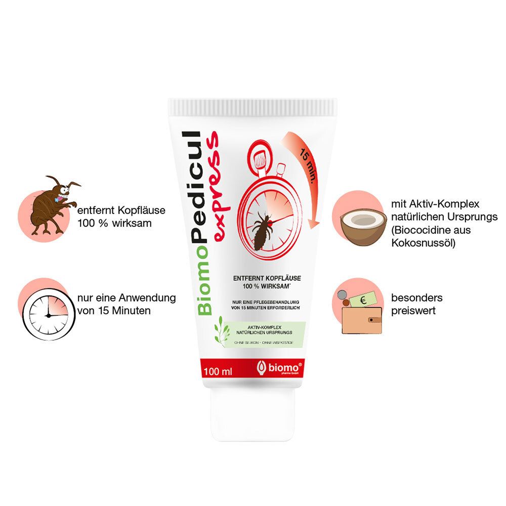 Tube BiomoPedicul express. Aufdrucke: Logo, Produktname, Zeichentrick-Uhr mit Laus, Text, Illustrationen.