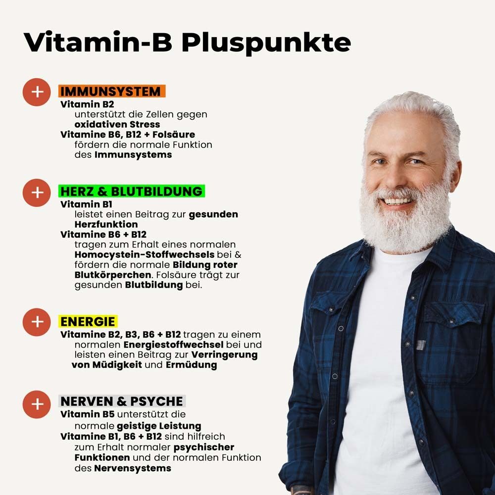 Älterer Mann lächelt. Text: Vitamin-B Pluspunkte. Auflistung von Vorteilen für Immunsystem, Herz, Energie und Nerven.