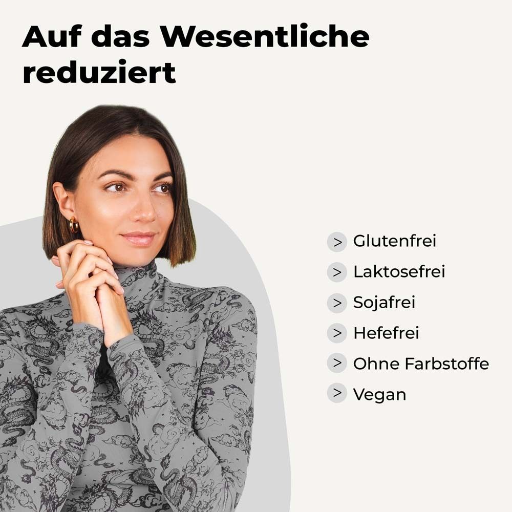 Frau mit Text: Auf das Wesentliche reduziert. Auflistung: Glutenfrei, Laktosefrei, Sojafrei, Hefefrei, Ohne Farbstoffe, Vegan.