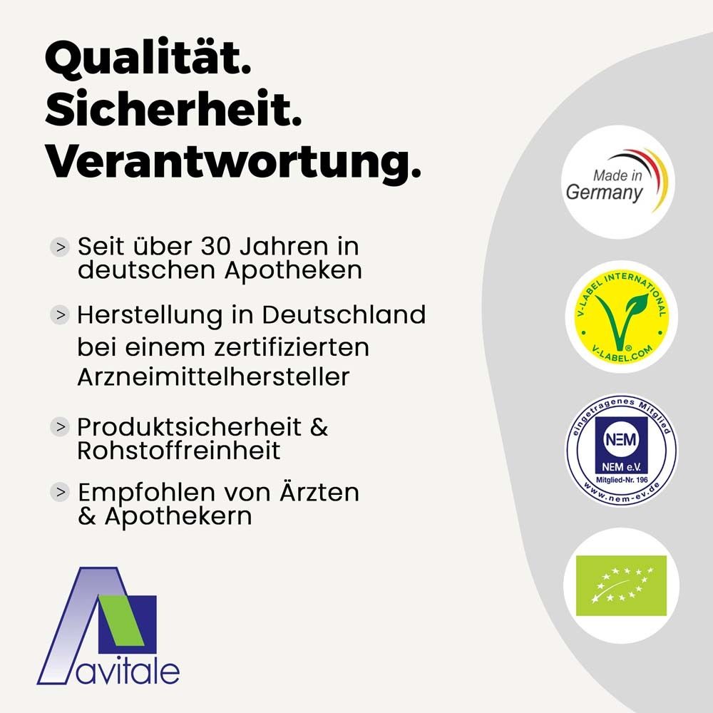 Qualitätszertifizierungen und Logos. Made in Germany, V-Label, NEM, Bio-Siegel. Text: Empfohlen von Ärzten & Apothekern.