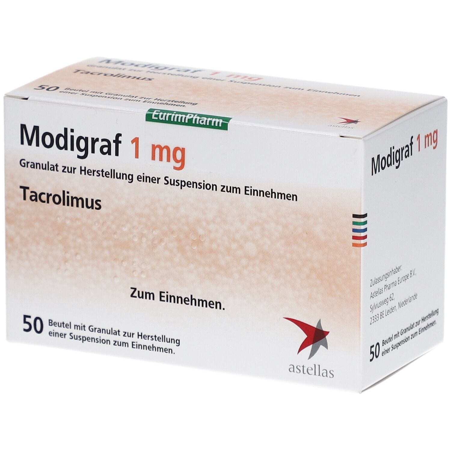 Weißer Karton mit Aufschrift Modigraf 1 mg, Tacrolimus, 50 Beutel. EurimPharm-Logo. Astellas-Logo. Text: Zum Einnehmen.