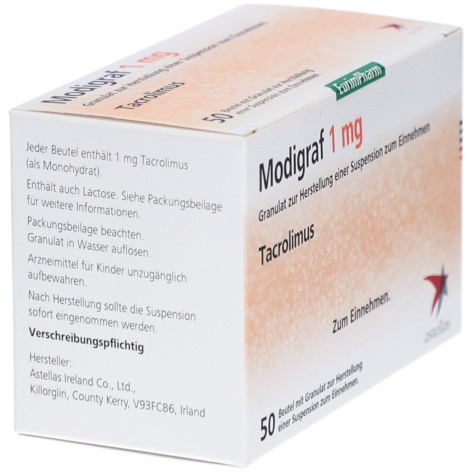 Weißer Karton mit Texten: Modigraf 1 mg, Tacrolimus, 50 Beutel. Text: Zum Einnehmen. Herstelleradresse. Astellas-Logo. Packungsbeilage beachten.