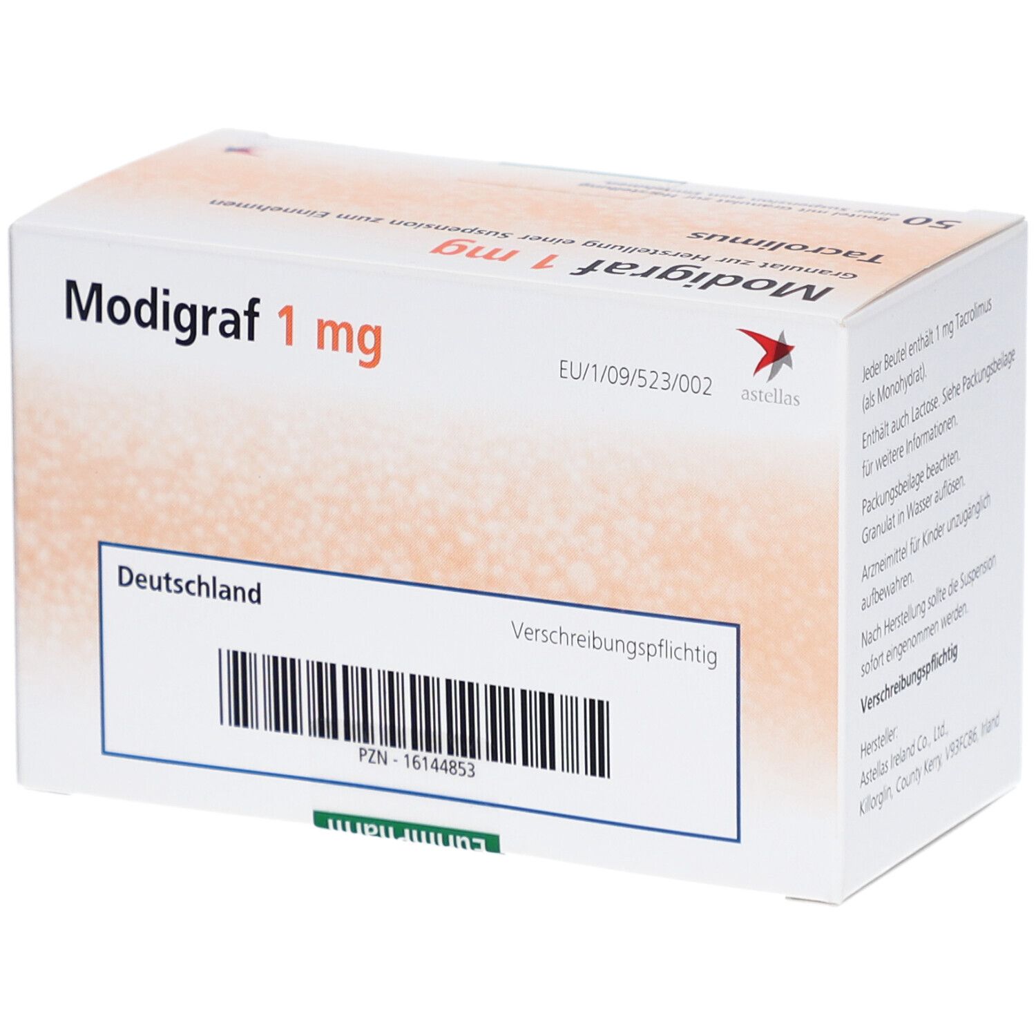 Weißer Karton mit Aufschrift Modigraf 1 mg, Tacrolimus, 50 Beutel. Text: Verschreibungspflichtig. Barcode. Deutschland. Astellas-Logo. EU-Zulassungsnummer.