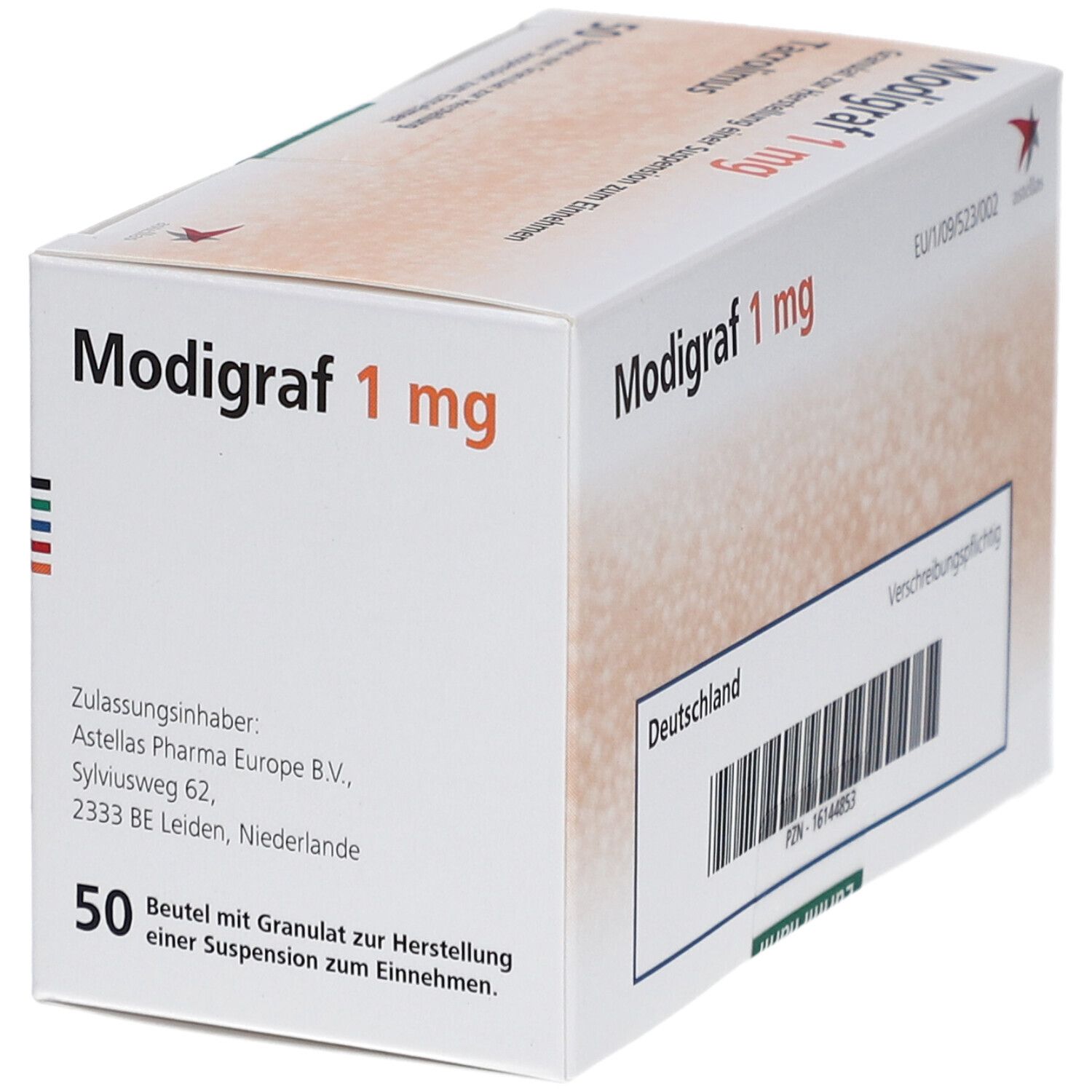 Weißer Karton mit Aufschrift Modigraf 1 mg, Tacrolimus, 50 Beutel. Text: Verschreibungspflichtig. Zulassungsinhaber. Barcode. Deutschland. Astellas-Logo.