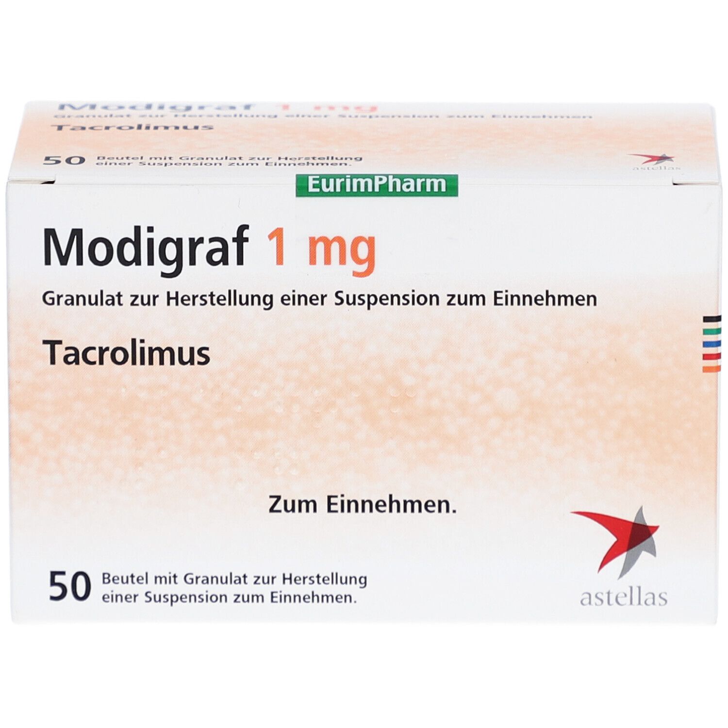 Weißer Karton mit Aufschrift Modigraf 1 mg, Tacrolimus, 50 Beutel. EurimPharm-Logo. Astellas-Logo. Text: Zum Einnehmen.
