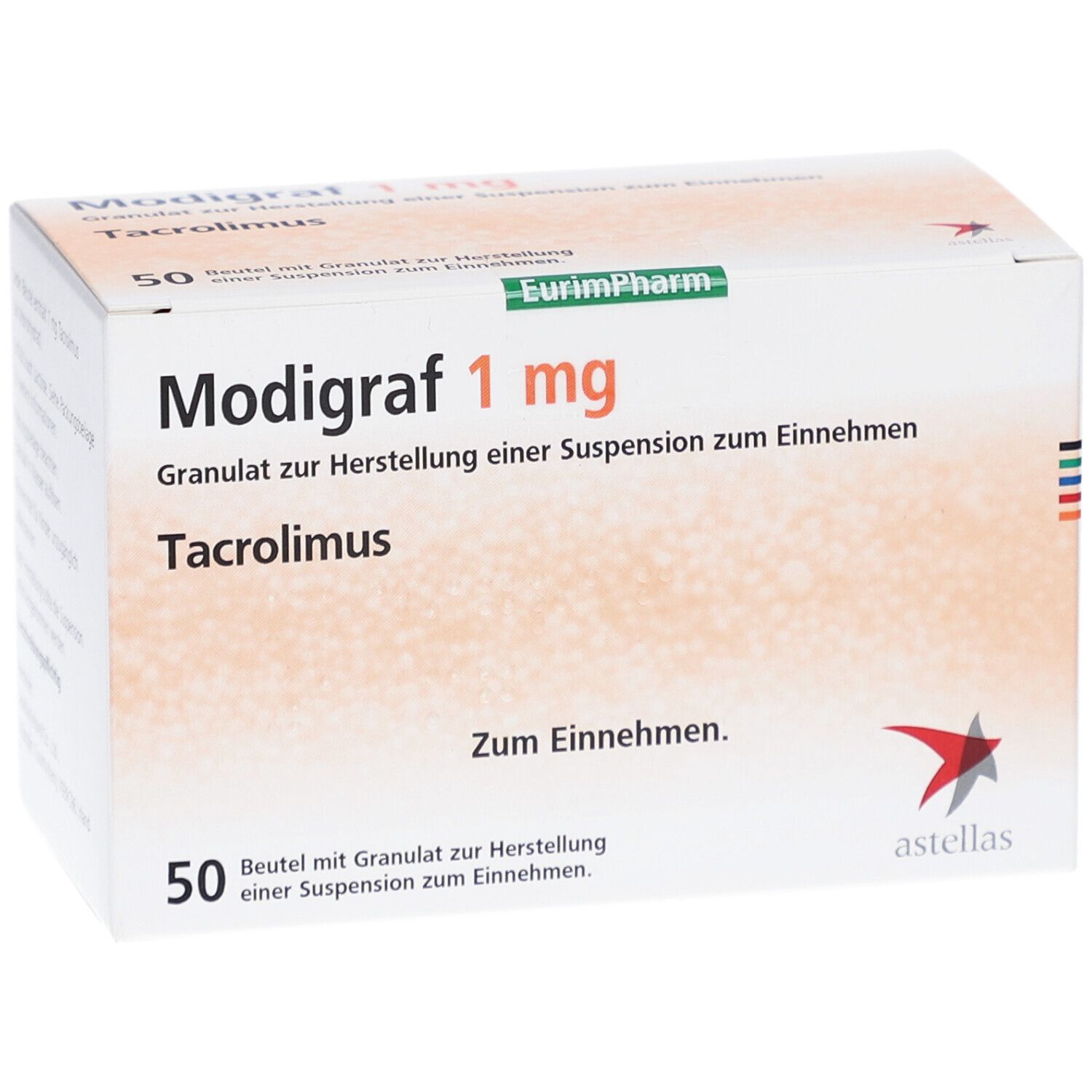 Weißer Karton mit Aufschrift Modigraf 1 mg, Tacrolimus, 50 Beutel. EurimPharm-Logo. Astellas-Logo. Text: Zum Einnehmen.