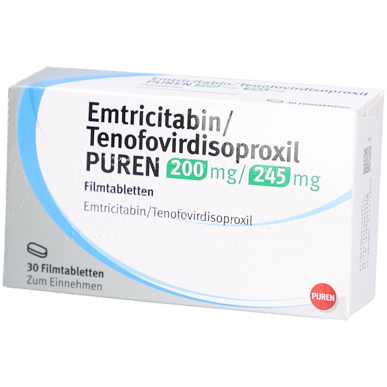 Schachtel mit Medikamenten. Aufschrift: Emtricitabin/Tenofovirdisoproxil PUREN 200mg/245mg. 30 Filmtabletten. PUREN Logo.