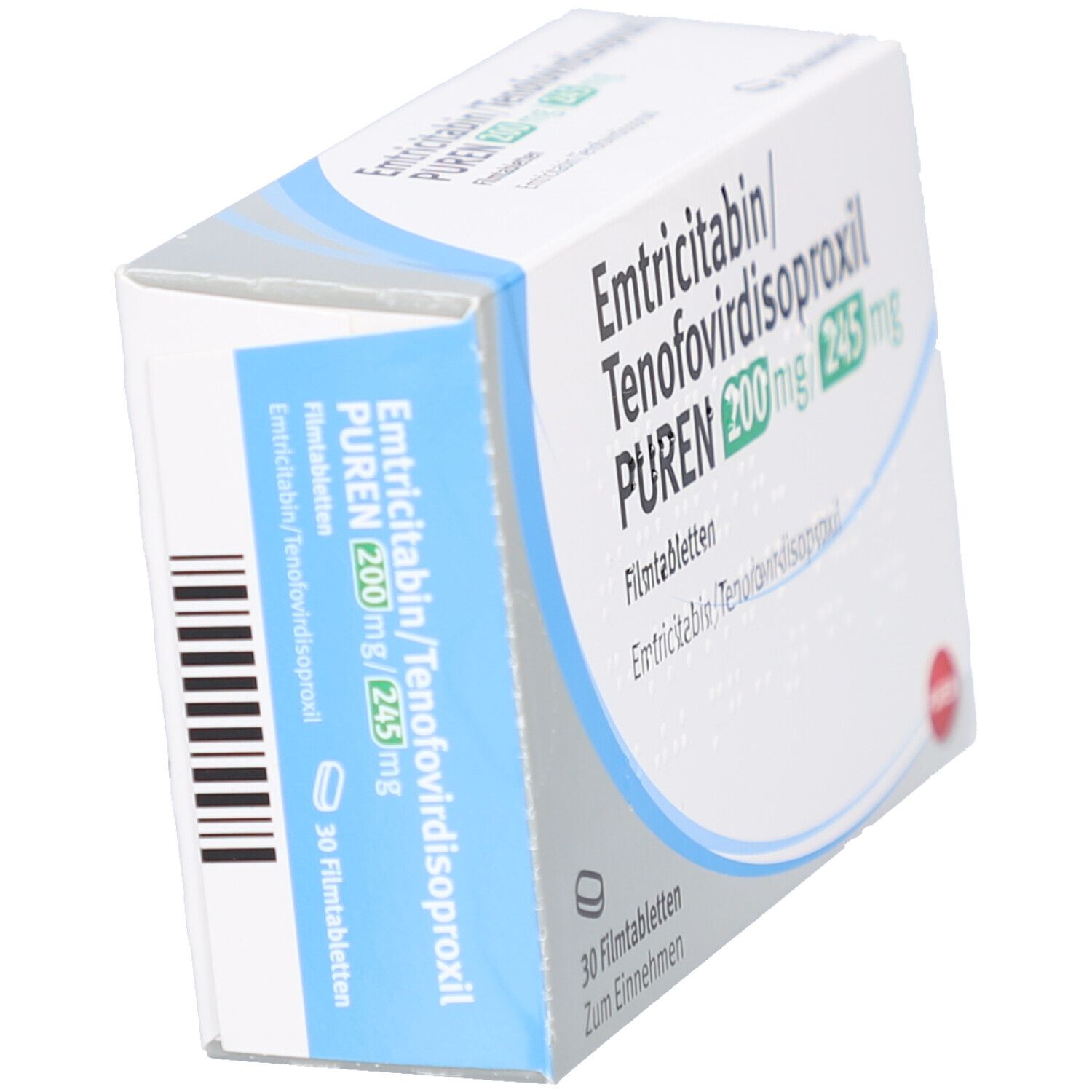 Schachtel mit Medikamenten, schräg. Aufschrift: Emtricitabin/Tenofovirdisoproxil PUREN 200mg/245mg. 30 Filmtabletten. PUREN Logo.