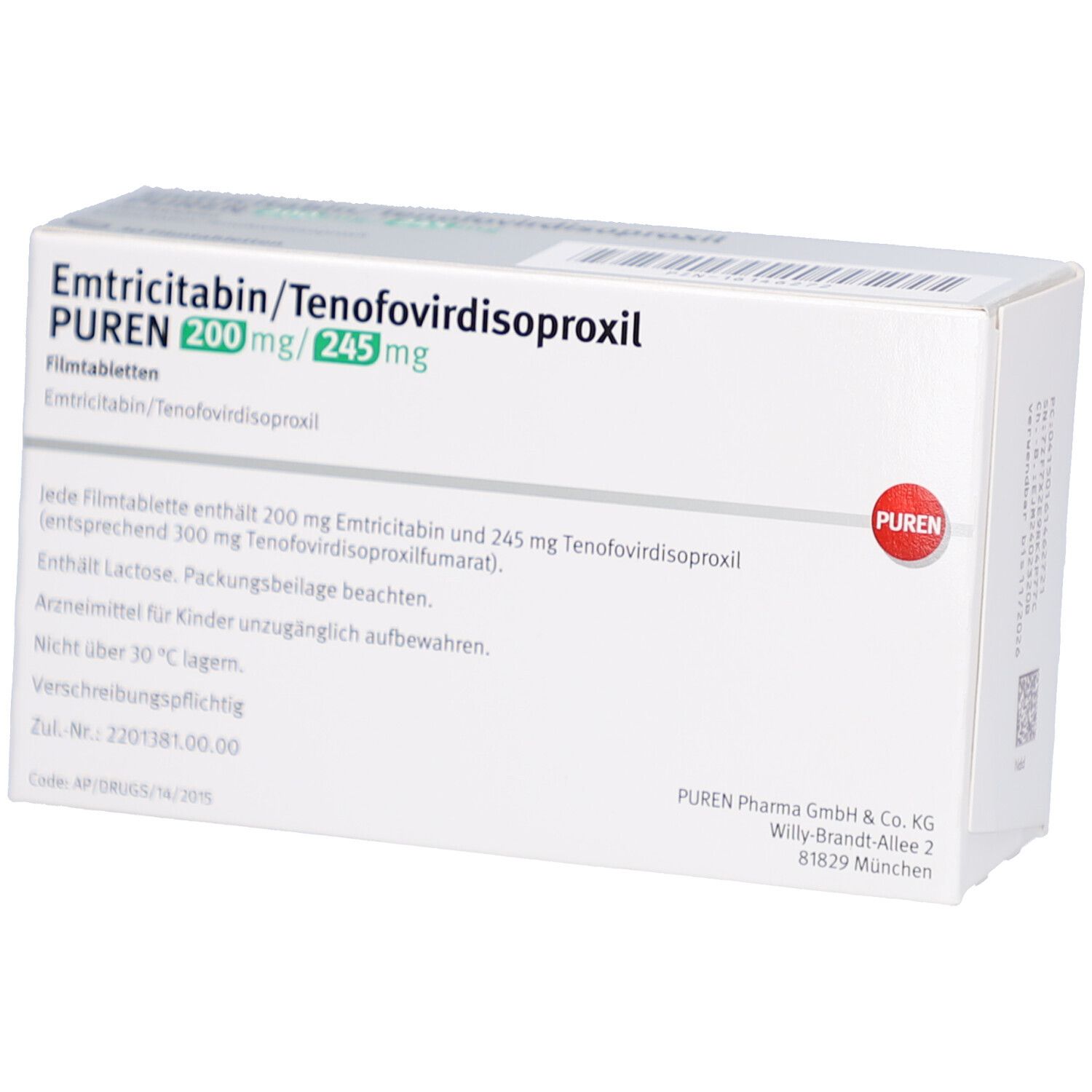 Schachtel mit Medikamenten. Aufschrift: Emtricitabin/Tenofovirdisoproxil PUREN 200mg/245mg. Text und PUREN Logo. Rückseite mit Text.
