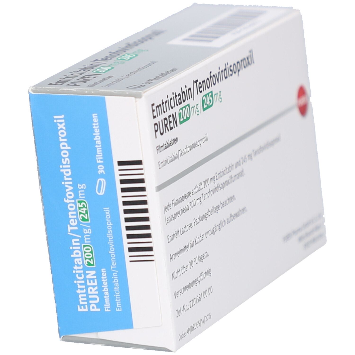 Schachtel mit Medikamenten, schräg. Aufschrift: Emtricitabin/Tenofovirdisoproxil PUREN 200mg/245mg. 30 Filmtabletten. PUREN Logo.