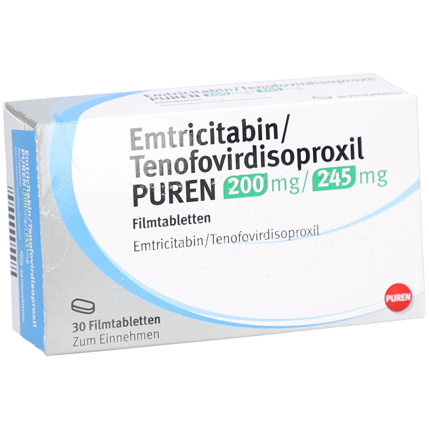 Schachtel mit Medikamenten, schräg. Aufschrift: Emtricitabin/Tenofovirdisoproxil PUREN 200mg/245mg. 30 Filmtabletten. PUREN Logo.
