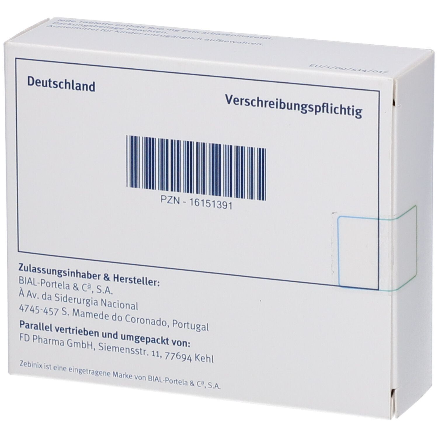 Rückseite der weißen Faltschachtel mit Barcode, PZN-Nummer und Herstellerinformationen.