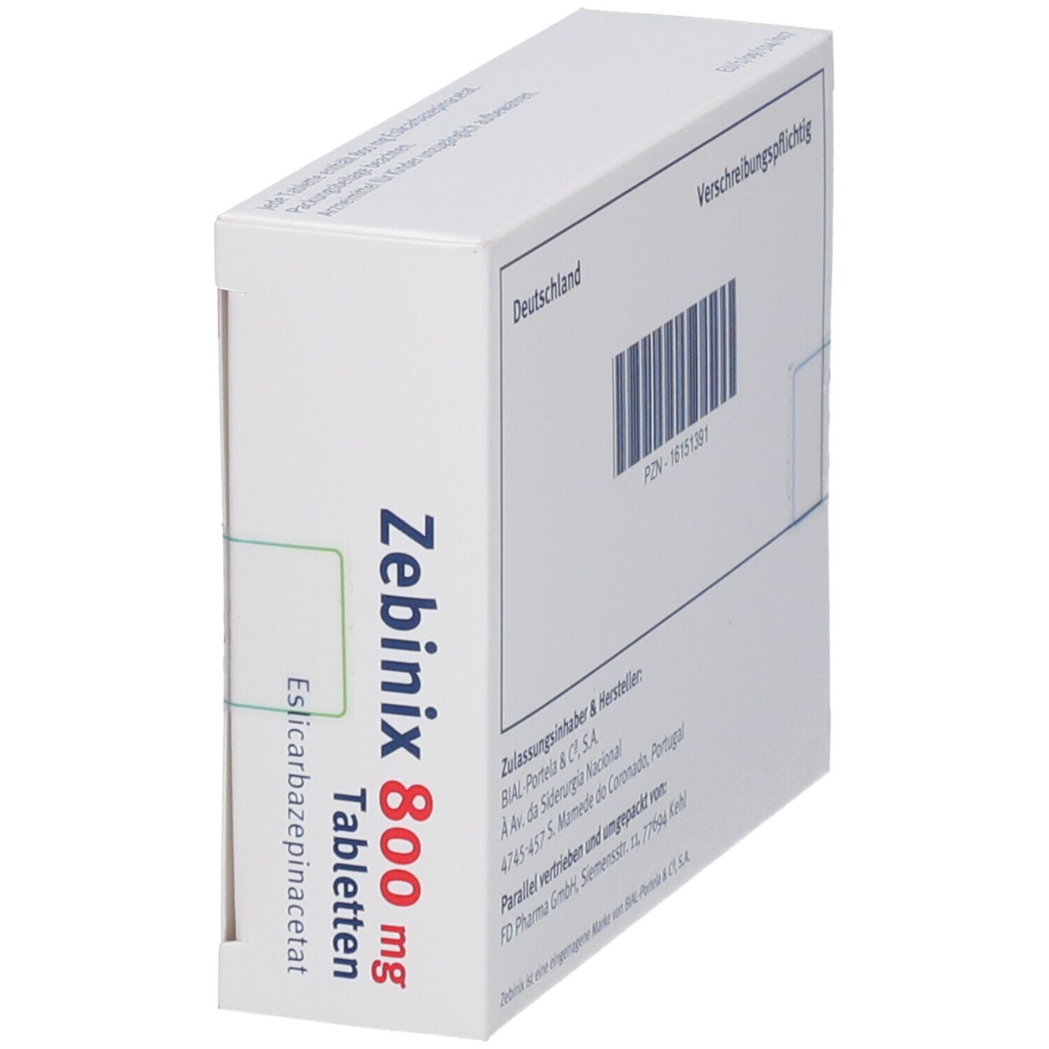 Schräg stehende weiße Faltschachtel mit Aufschrift Zebinix 800 mg Tabletten. Herstellerinformationen.