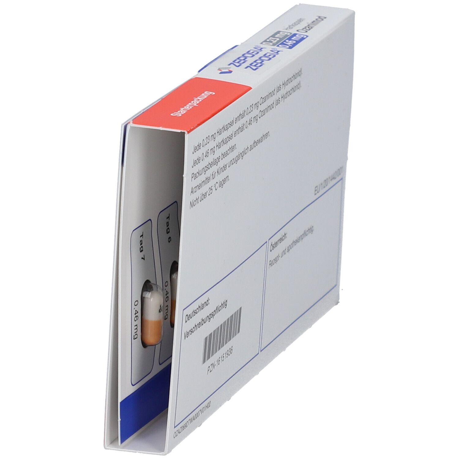 Verpackung mit zwei Kapseln, eine orange und eine weiß, mit Beschriftungen für Tag 7 und Tag 5.