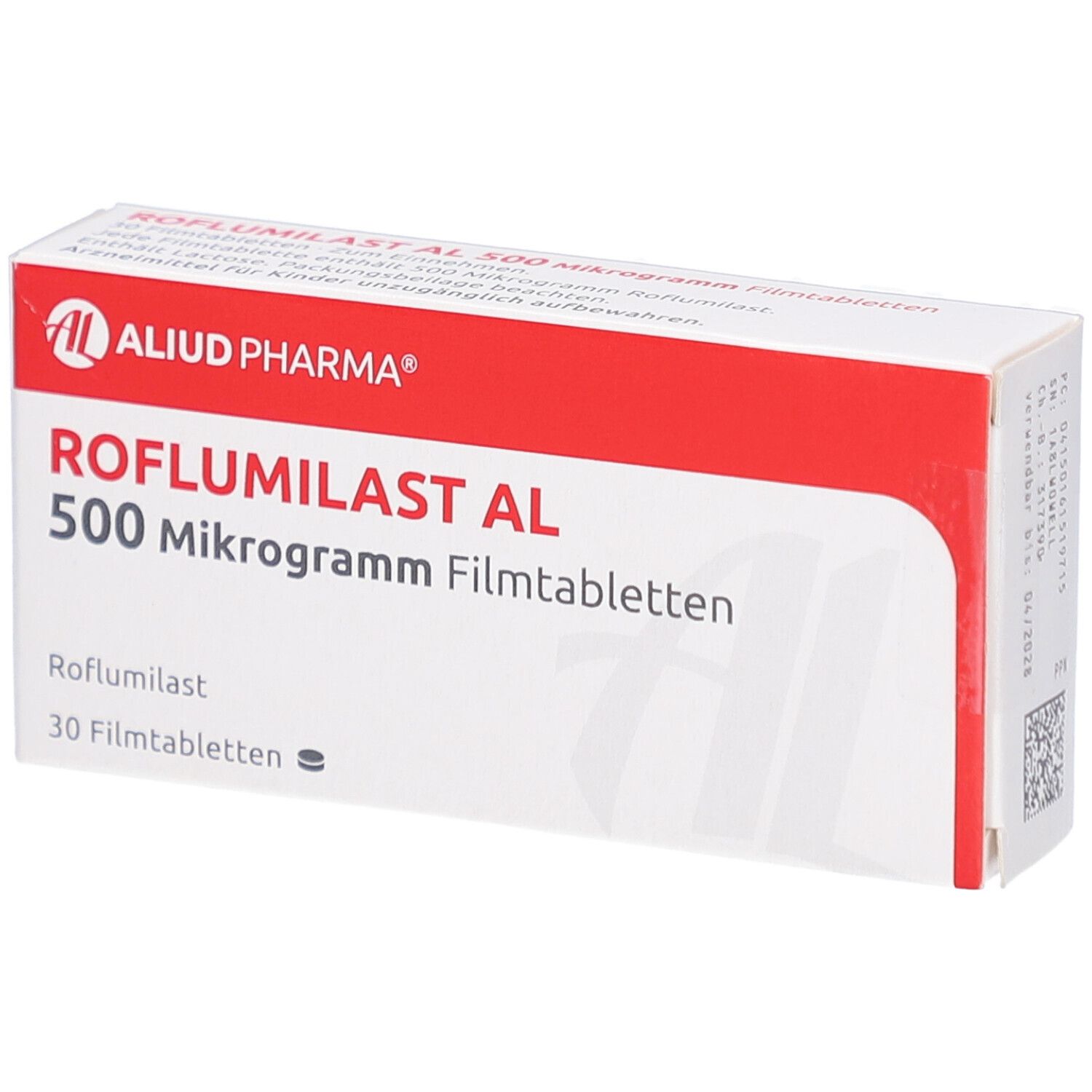 Schachtel mit Roflumilast AL 500 Mikrogramm Filmtabletten. Rote und weiße Farbgebung. Aluid Pharma Logo.