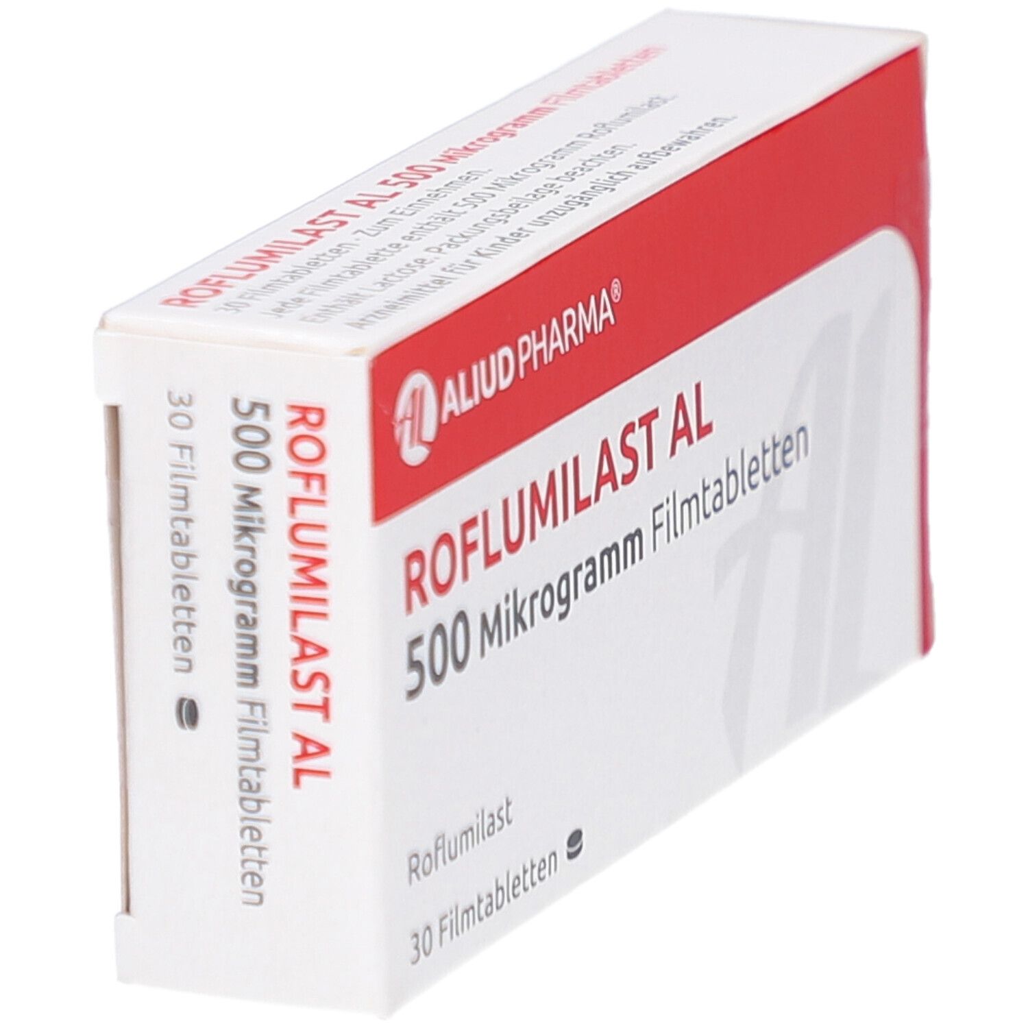 Schachtel mit Roflumilast AL 500 Mikrogramm Filmtabletten. Rote und weiße Farbgebung. Aluid Pharma Logo.