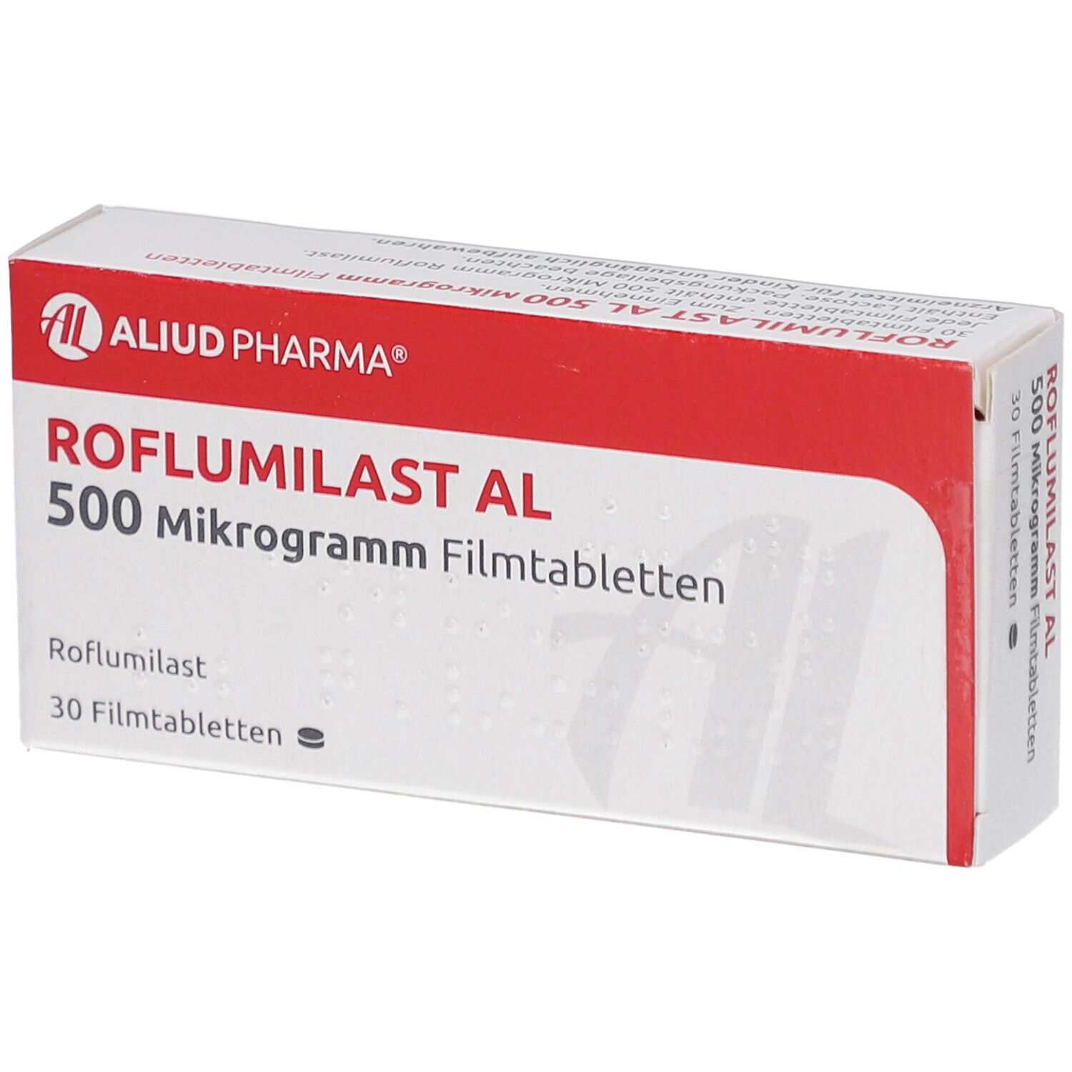 Schachtel mit Roflumilast AL 500 Mikrogramm Filmtabletten. Rote und weiße Farbgebung. Aluid Pharma Logo.