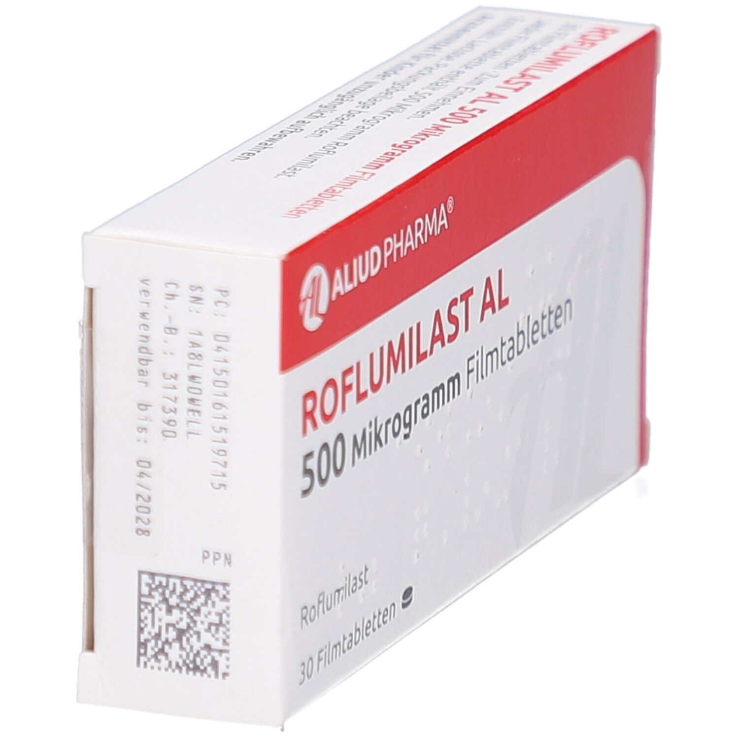 Schachtel mit Roflumilast AL 500 Mikrogramm Filmtabletten. Rote und weiße Farbgebung. Aluid Pharma Logo.