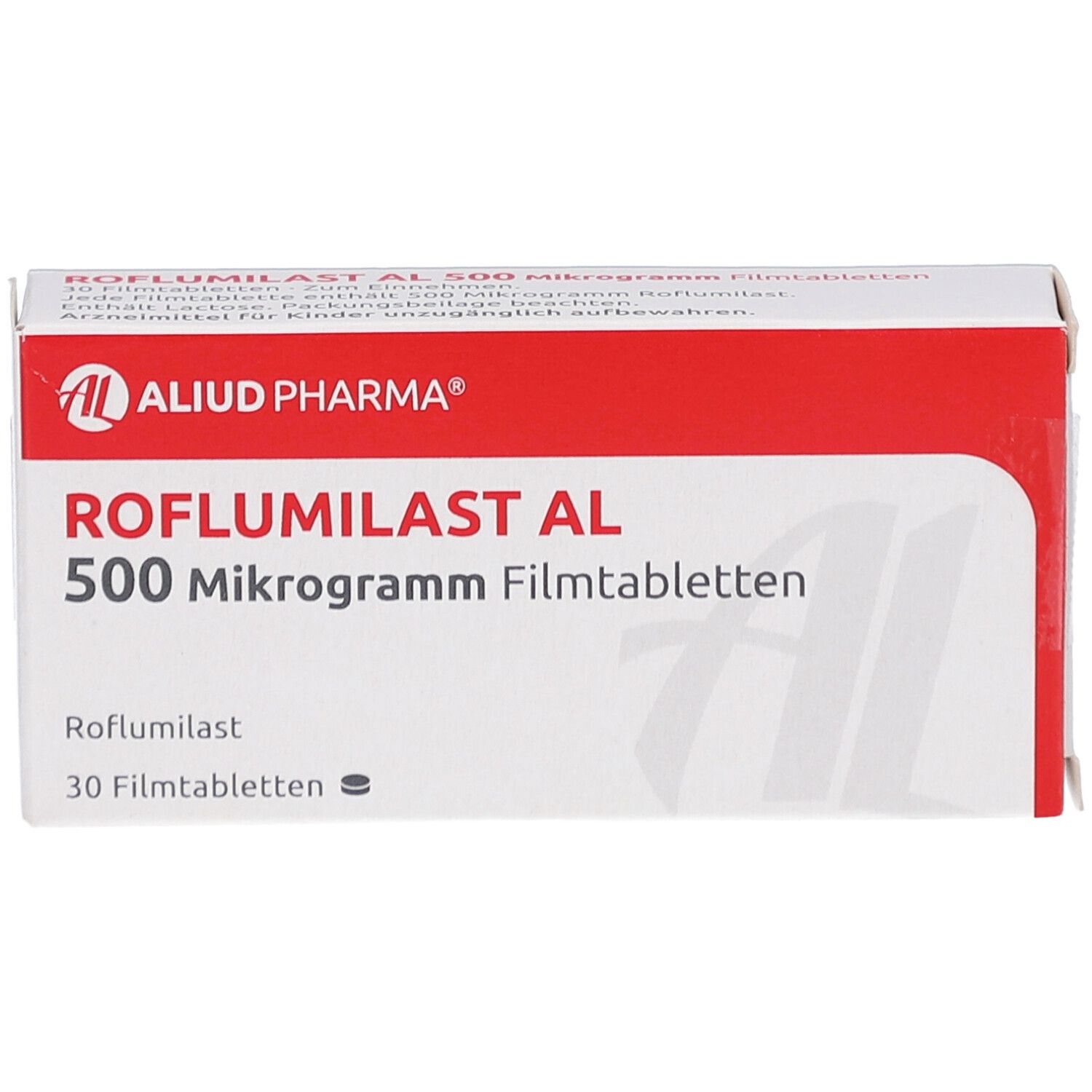 Schachtel mit Roflumilast AL 500 Mikrogramm Filmtabletten. Rote und weiße Farbgebung. Aluid Pharma Logo.