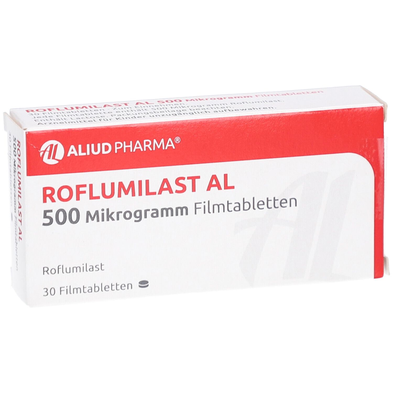 Schachtel mit Roflumilast AL 500 Mikrogramm Filmtabletten. Rote und weiße Farbgebung. Aluid Pharma Logo.