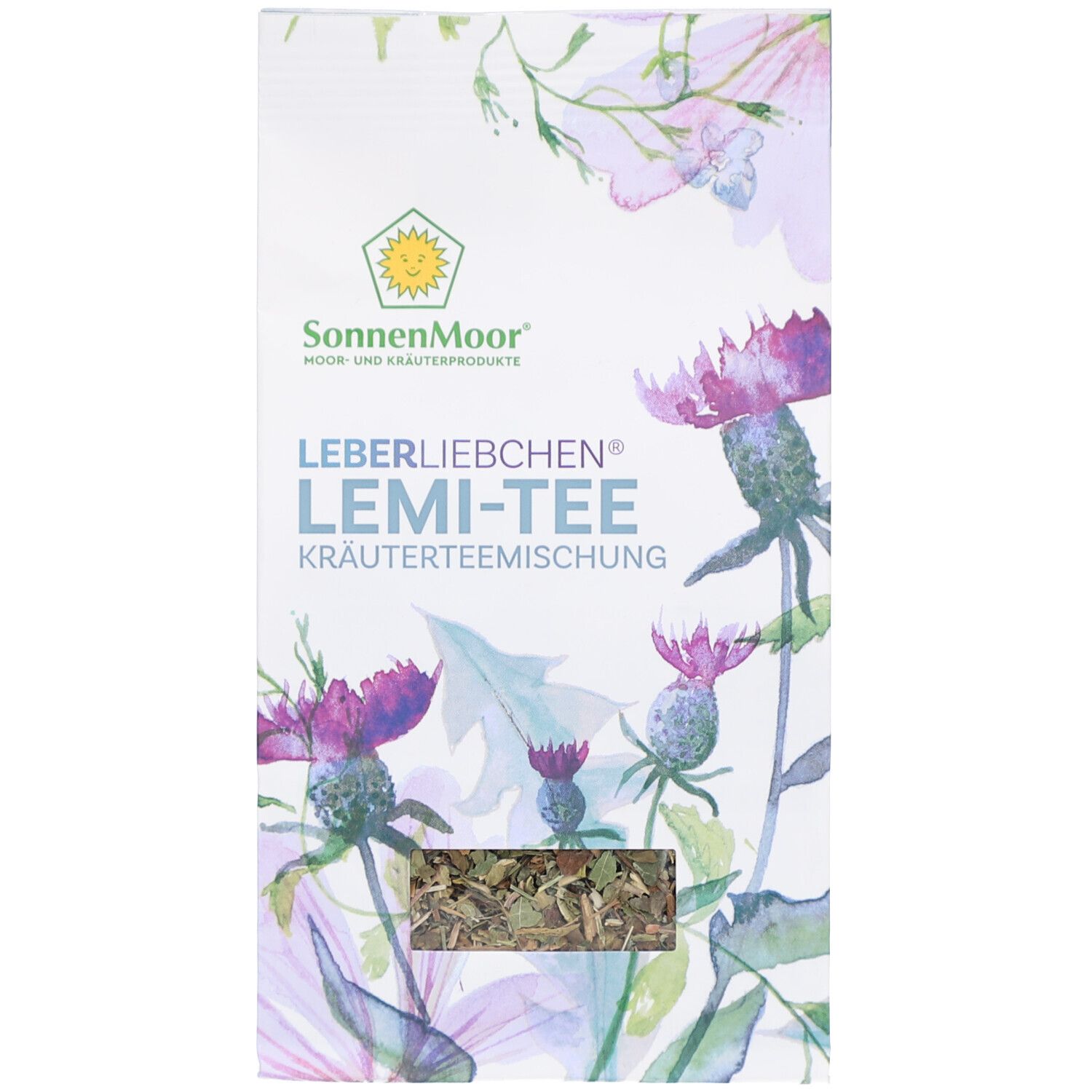 Verpackung von Lemi-Tee Kräuterteemischung. Vorderseite mit floralem Design und Produktnamen. SonnenMoor Logo oben links.