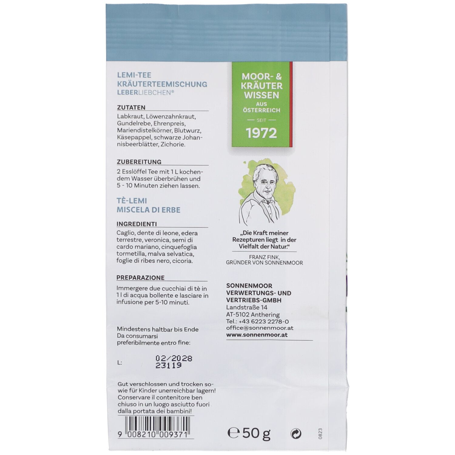 Rückseite der Lemi-Tee Verpackung. Enthält Zutaten, Zubereitungshinweise und Herstellerinformationen. 50g Packung.