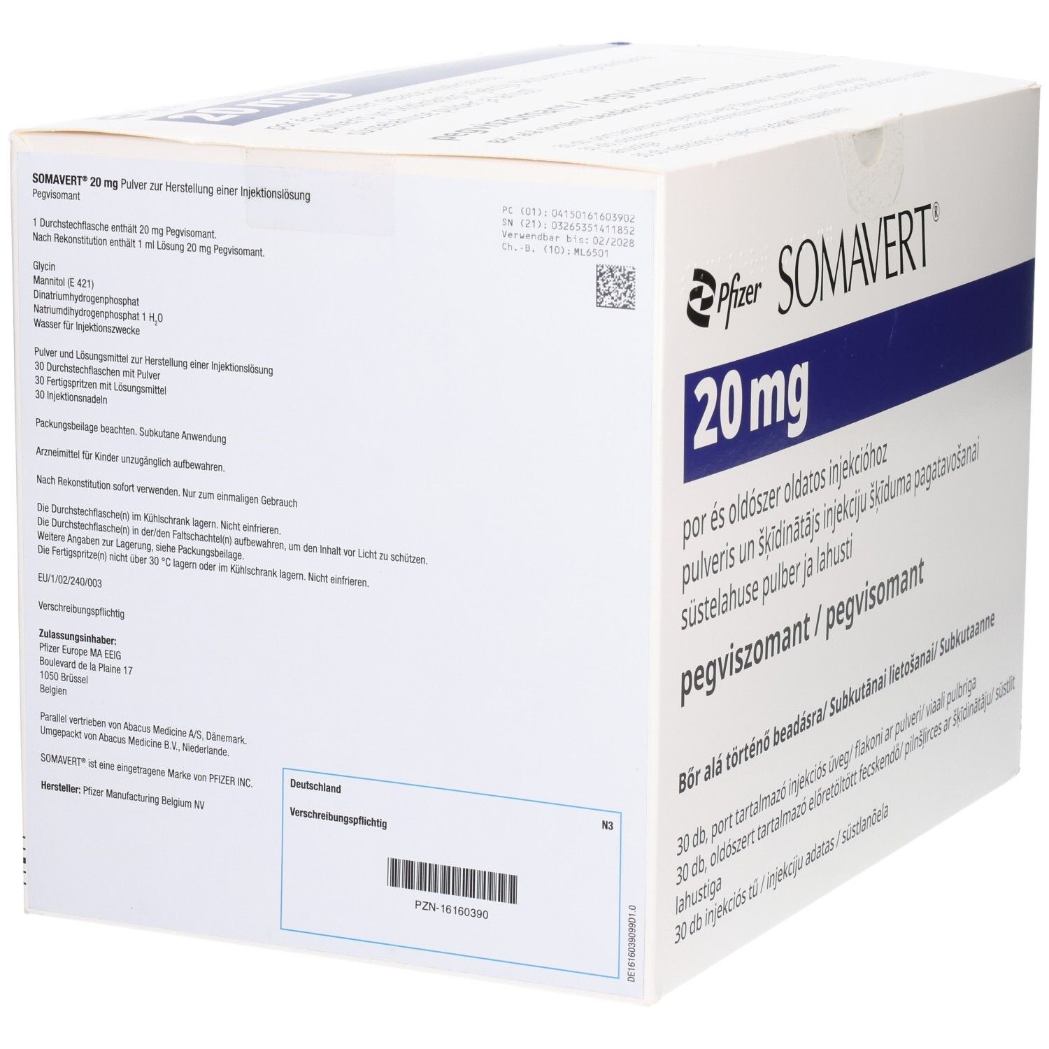 Karton mit Produktinformationen. Aufschrift: SOMAVERT 20 mg. Blaue und weiße Verpackung. Pfizer-Logo.