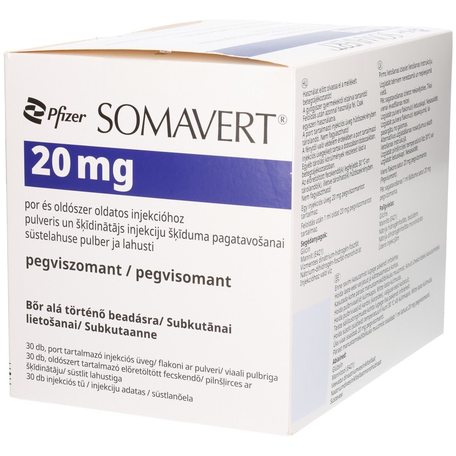 Karton mit Produktinformationen. Aufschrift: SOMAVERT 20 mg. Blaue und weiße Verpackung. Pfizer-Logo.