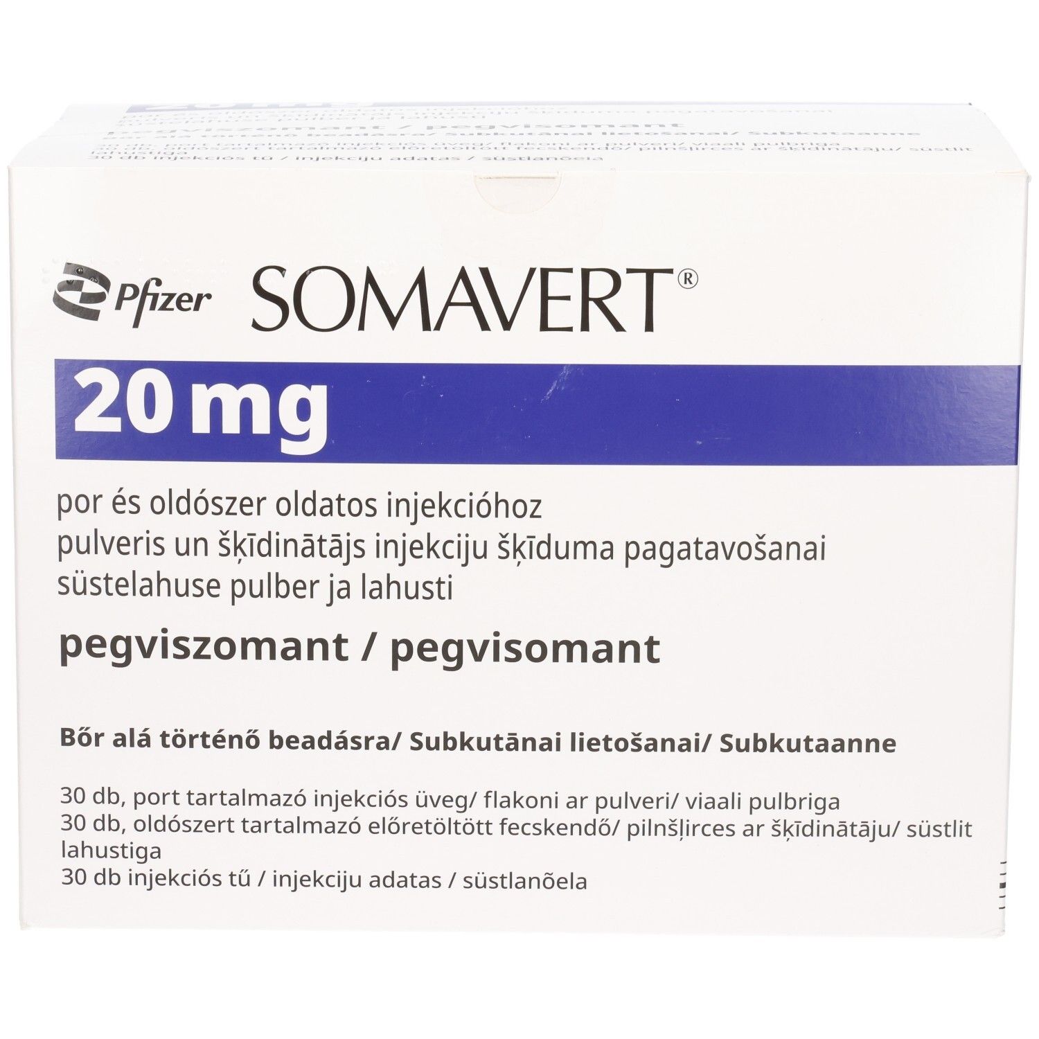 Karton mit Produktinformationen. Aufschrift: SOMAVERT 20 mg. Blaue und weiße Verpackung. Pfizer-Logo.