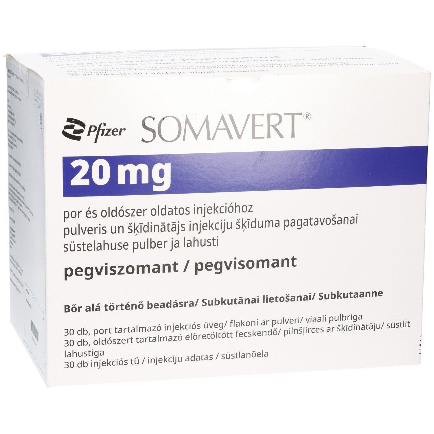Karton mit Produktinformationen. Aufschrift: SOMAVERT 20 mg. Blaue und weiße Verpackung. Pfizer-Logo.