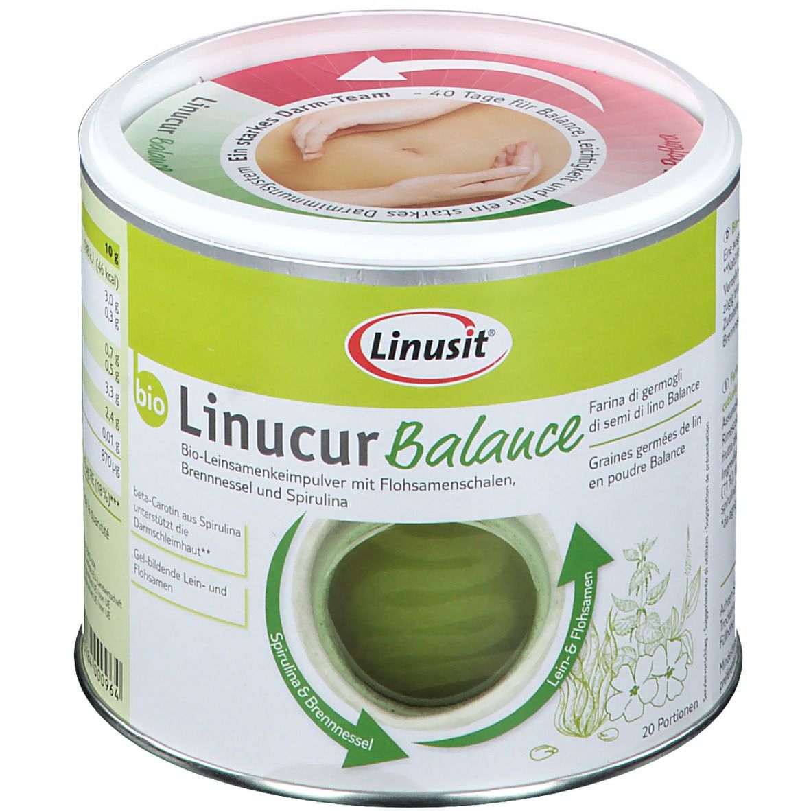 Runde Dose mit "Linusit Linucur Balance". Grün-weißes Etikett mit Produktinformationen und Logo. 20 Portionen.