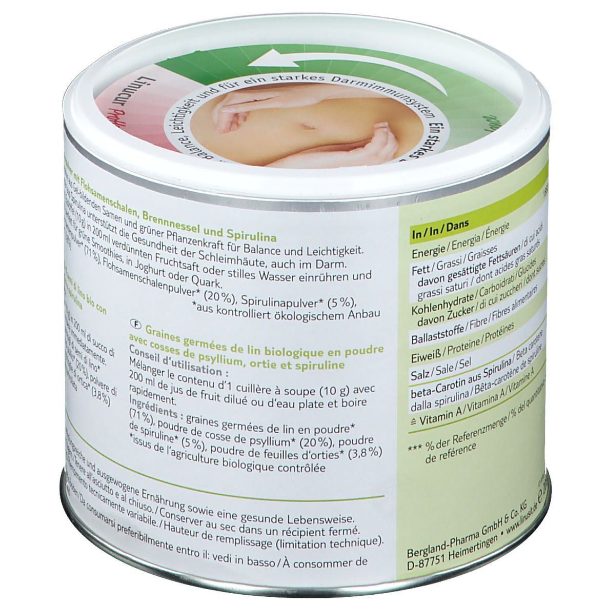 Rückseite der Dose "Linusit Linucur Balance". Text in Deutsch, Italienisch und Französisch. Nährwertangaben und Hinweise.