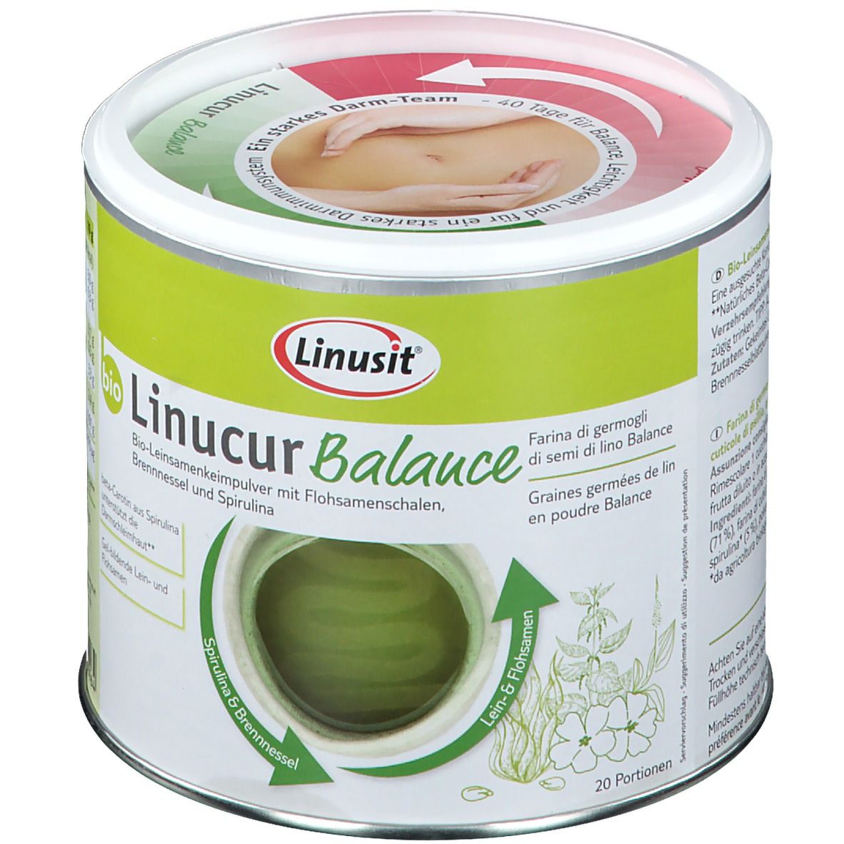 Runde Dose "Linusit Linucur Balance". Grün-weißes Etikett mit Produktinformationen und Logo. 20 Portionen.