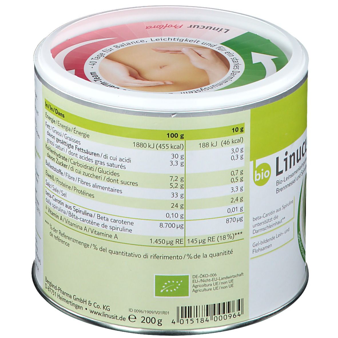 Dose "Linusit Linucur Balance" mit Nährwertangaben. Etikett mit Informationen zu Inhaltsstoffen und Nährwerten. 200g.