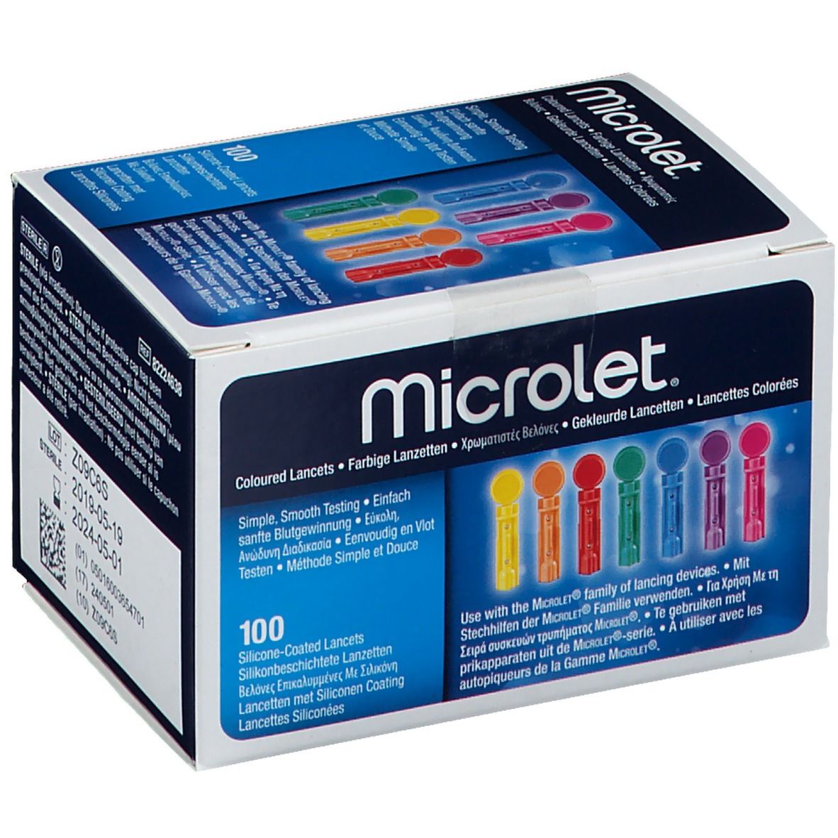 Schachtel mit farbigen Lanzetten. Aufschrift MICROLET. Enthält 100 Lanzetten. Mehrsprachige Produktinformationen.