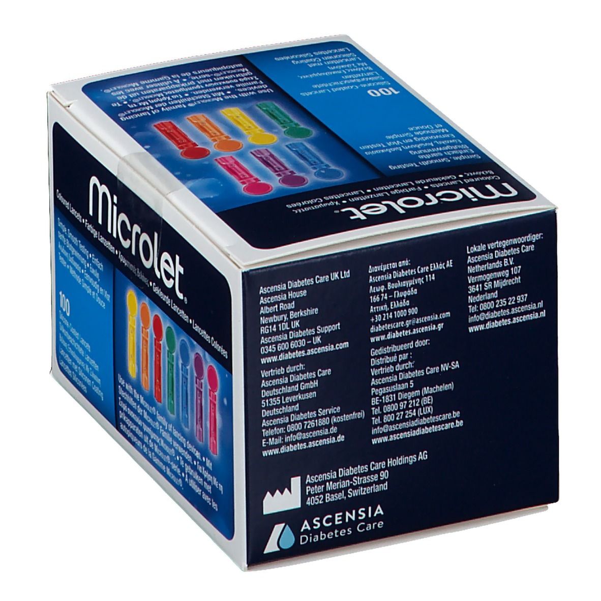 Schachtel mit farbigen Lanzetten. Aufschrift MICROLET. Enthält 100 Lanzetten. Mehrsprachige Produktinformationen. Kontaktinformationen.