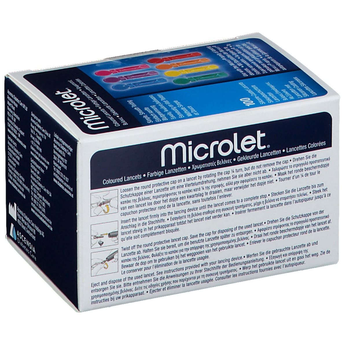 Schachtel mit farbigen Lanzetten. Aufschrift MICROLET. Enthält 100 Lanzetten. Mehrsprachige Produktinformationen. Gebrauchsanweisung.