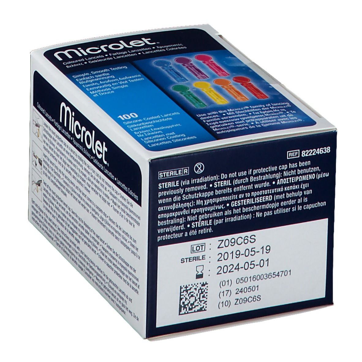 Schachtel mit farbigen Lanzetten. Aufschrift MICROLET. Enthält 100 Lanzetten. Steril-Hinweis. Chargennummer und Verfallsdatum.