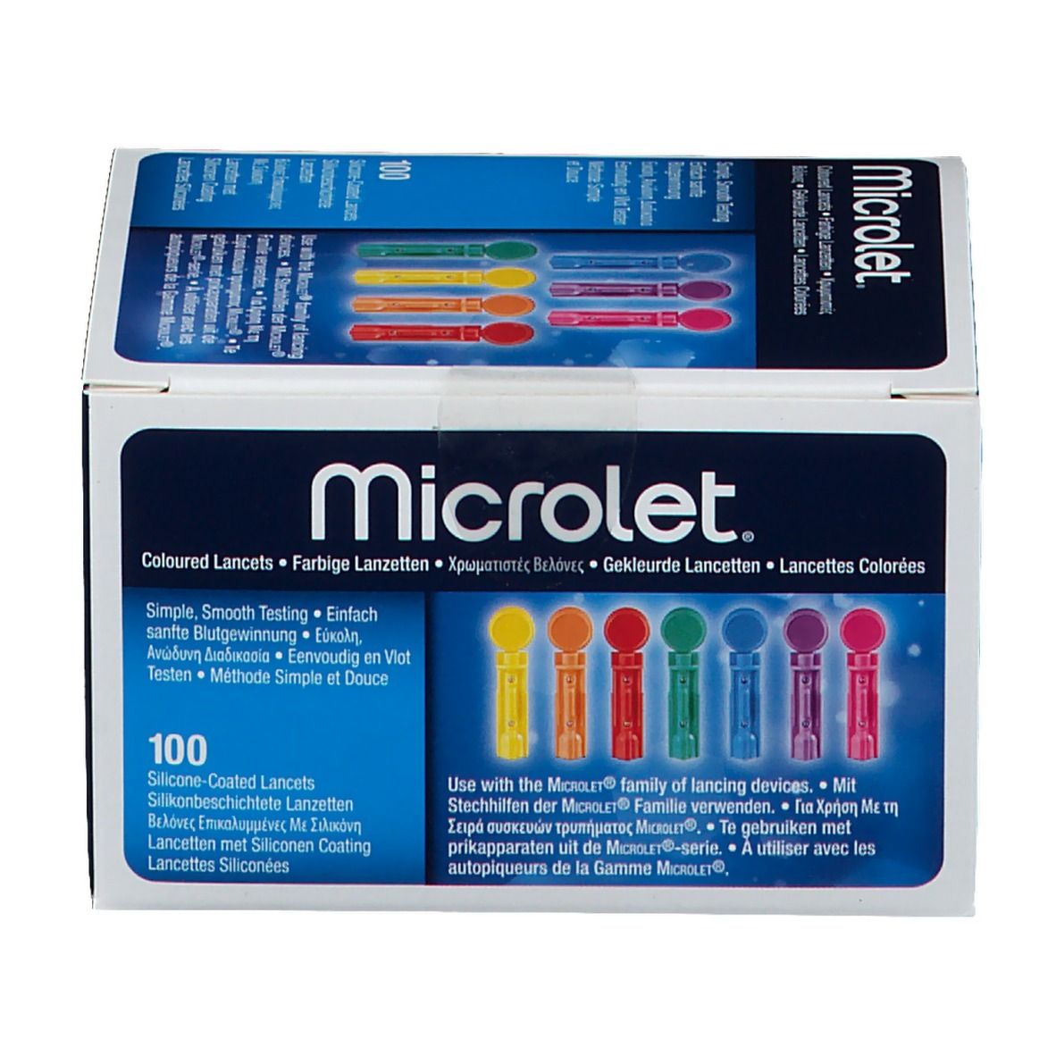 Schachtel mit farbigen Lanzetten. Aufschrift MICROLET. Enthält 100 Lanzetten. Mehrsprachige Produktinformationen.