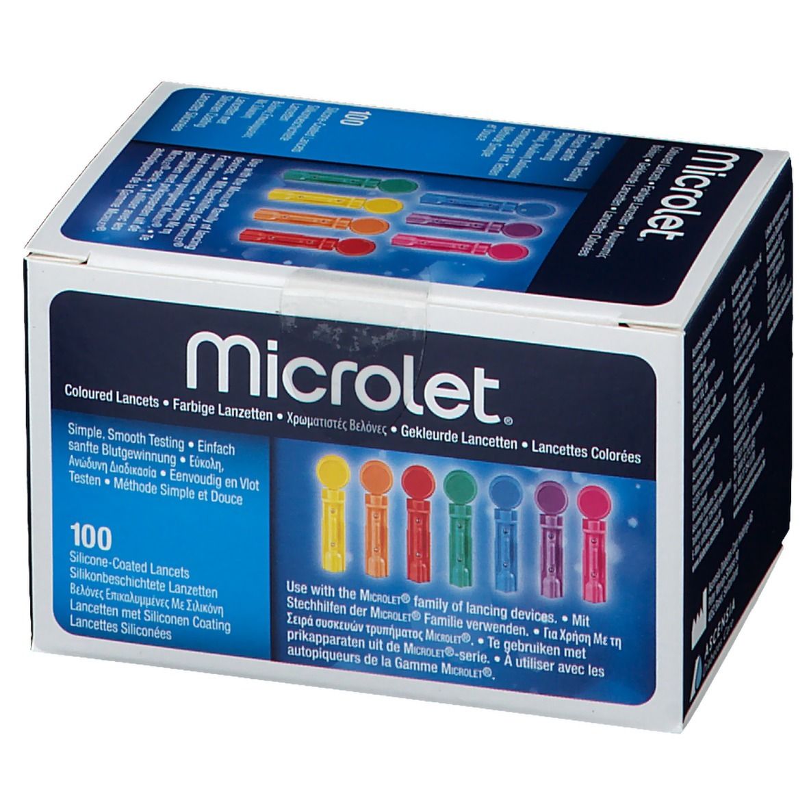 Schachtel mit farbigen Lanzetten. Aufschrift MICROLET. Enthält 100 Lanzetten. Mehrsprachige Produktinformationen.