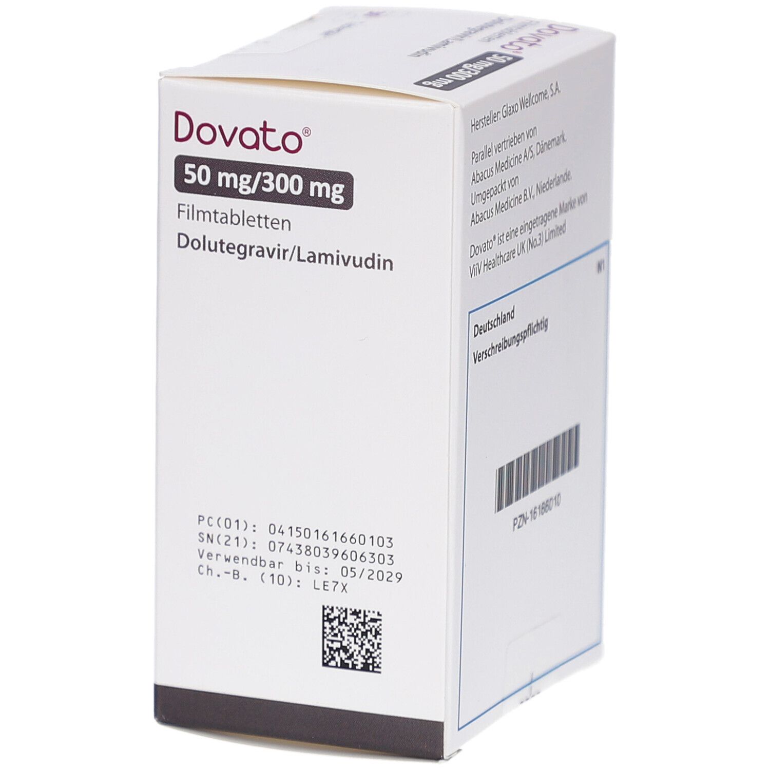 Schachtel "Dovato" 50 mg/300 mg Filmtabletten. Herstellerinformationen, Barcode und Verfallsdatum. Verschreibungspflichtig.