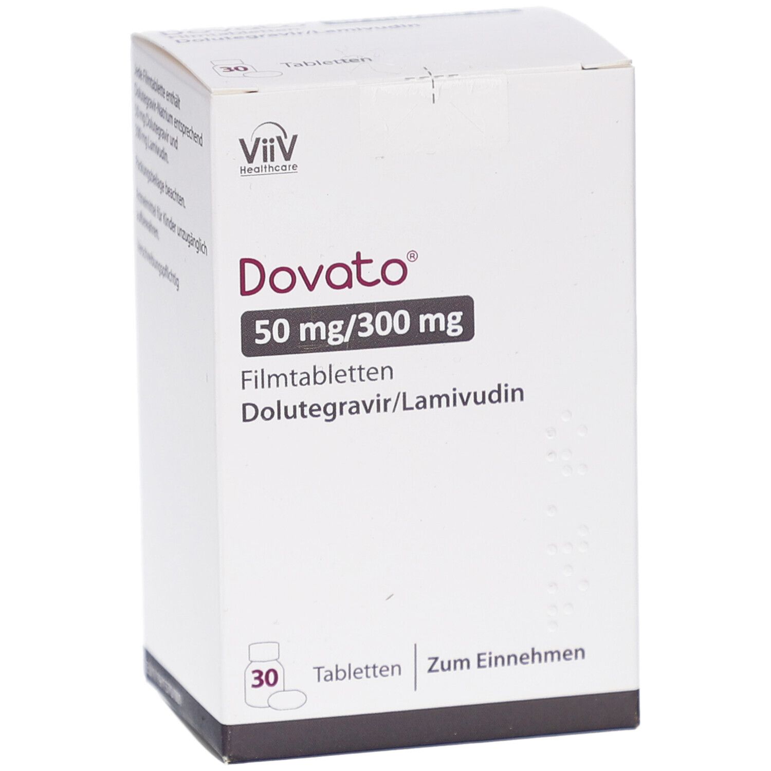 Schachtel "Dovato" 50 mg/300 mg Filmtabletten. Logo, Produktname und Dosierung. 30 Tabletten. Zum Einnehmen.