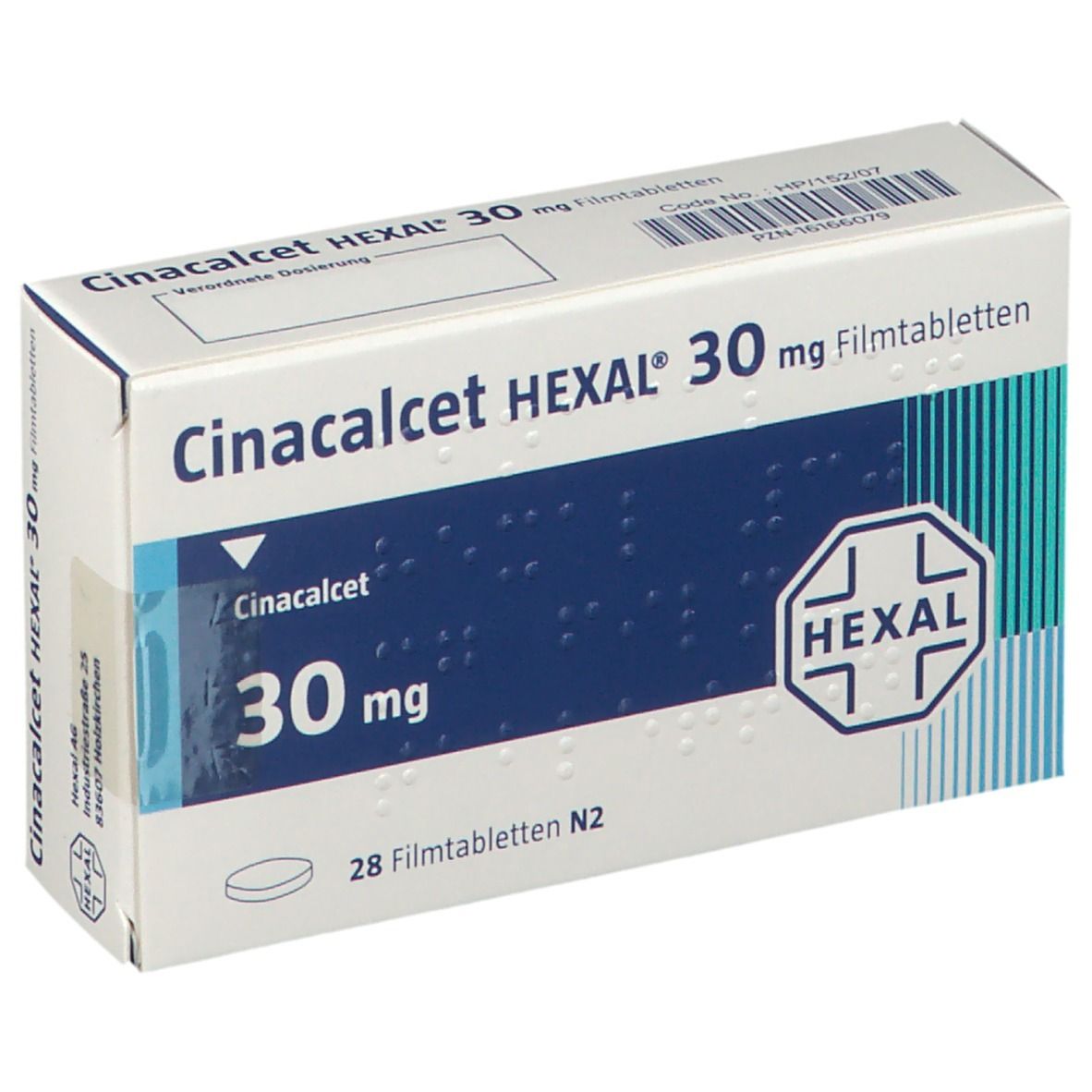 Schachtel mit Cinacalcet HEXAL 30 mg Filmtabletten. Blaue und weiße Verpackung mit Produktnamen und HEXAL-Logo. Enthält 28 Tabletten.