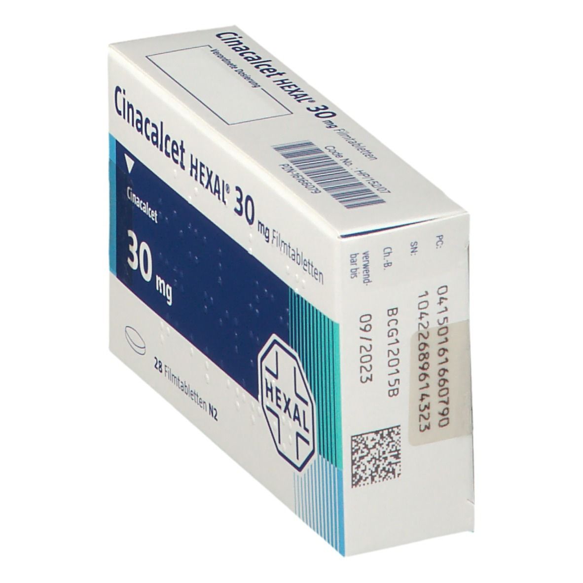 Schachtel mit Cinacalcet HEXAL 30 mg Filmtabletten. Blaue und weiße Verpackung mit Produktnamen und HEXAL-Logo. Enthält 28 Tabletten. Aufdruck mit Verfallsdatum.