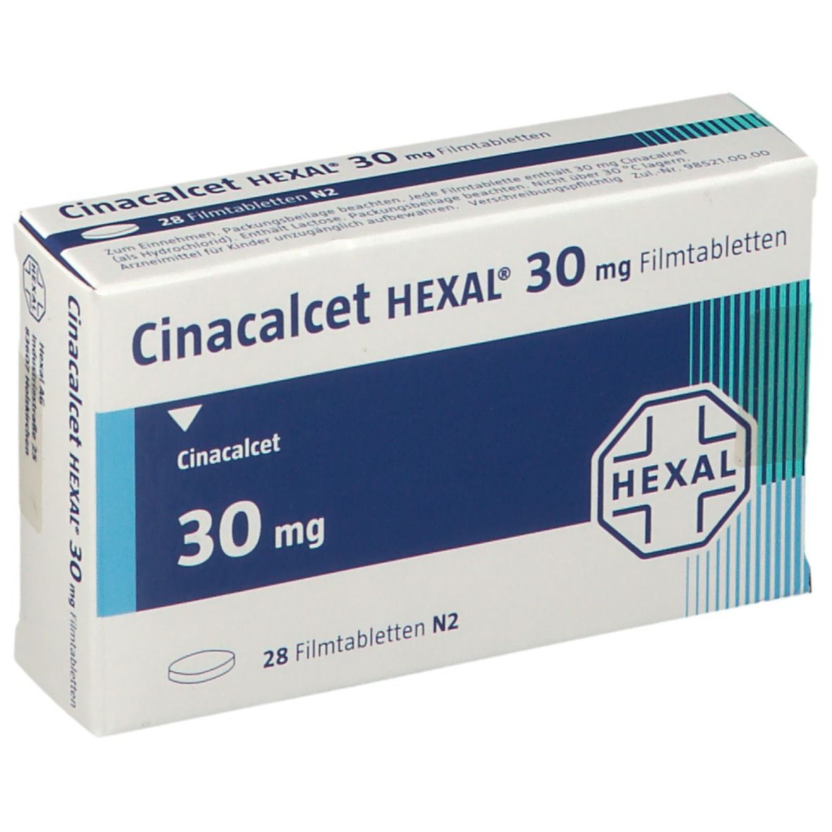 Schachtel mit Cinacalcet HEXAL 30 mg Filmtabletten. Blaue und weiße Verpackung mit Produktnamen und HEXAL-Logo. Enthält 28 Tabletten.