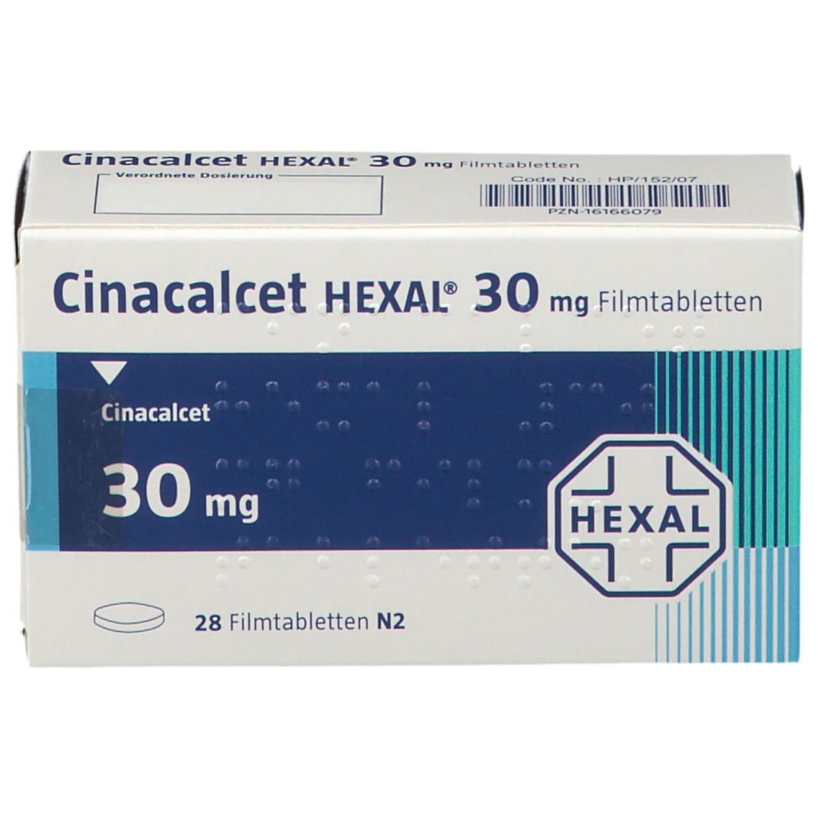 Schachtel mit Cinacalcet HEXAL 30 mg Filmtabletten. Blaue und weiße Verpackung mit Produktnamen und HEXAL-Logo. Enthält 28 Tabletten.