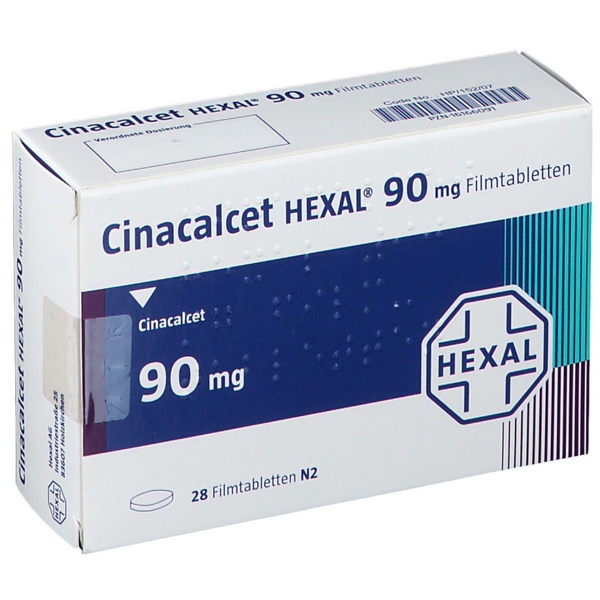 Schachtel mit CINACALCET HEXAL 90 mg Filmtabletten. Aufschrift: Cinacalcet, 90 mg, HEXAL Logo. Enthält 28 Filmtabletten.