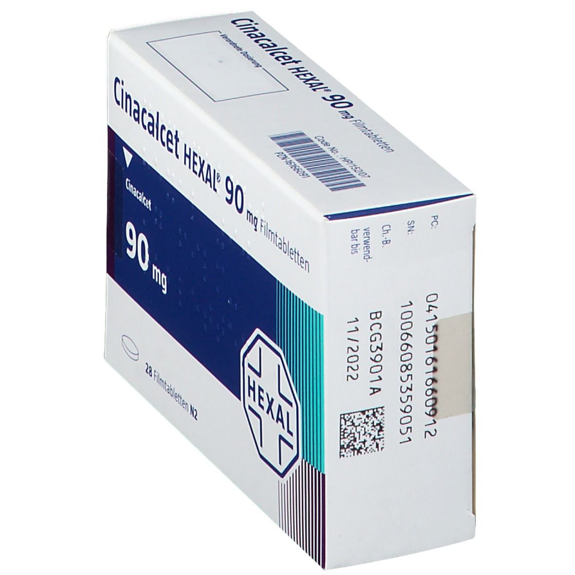 Schachtel mit CINACALCET HEXAL 90 mg Filmtabletten. Aufschrift: Cinacalcet, 90 mg, HEXAL Logo. Rückseite mit Chargennummer und Verfallsdatum.