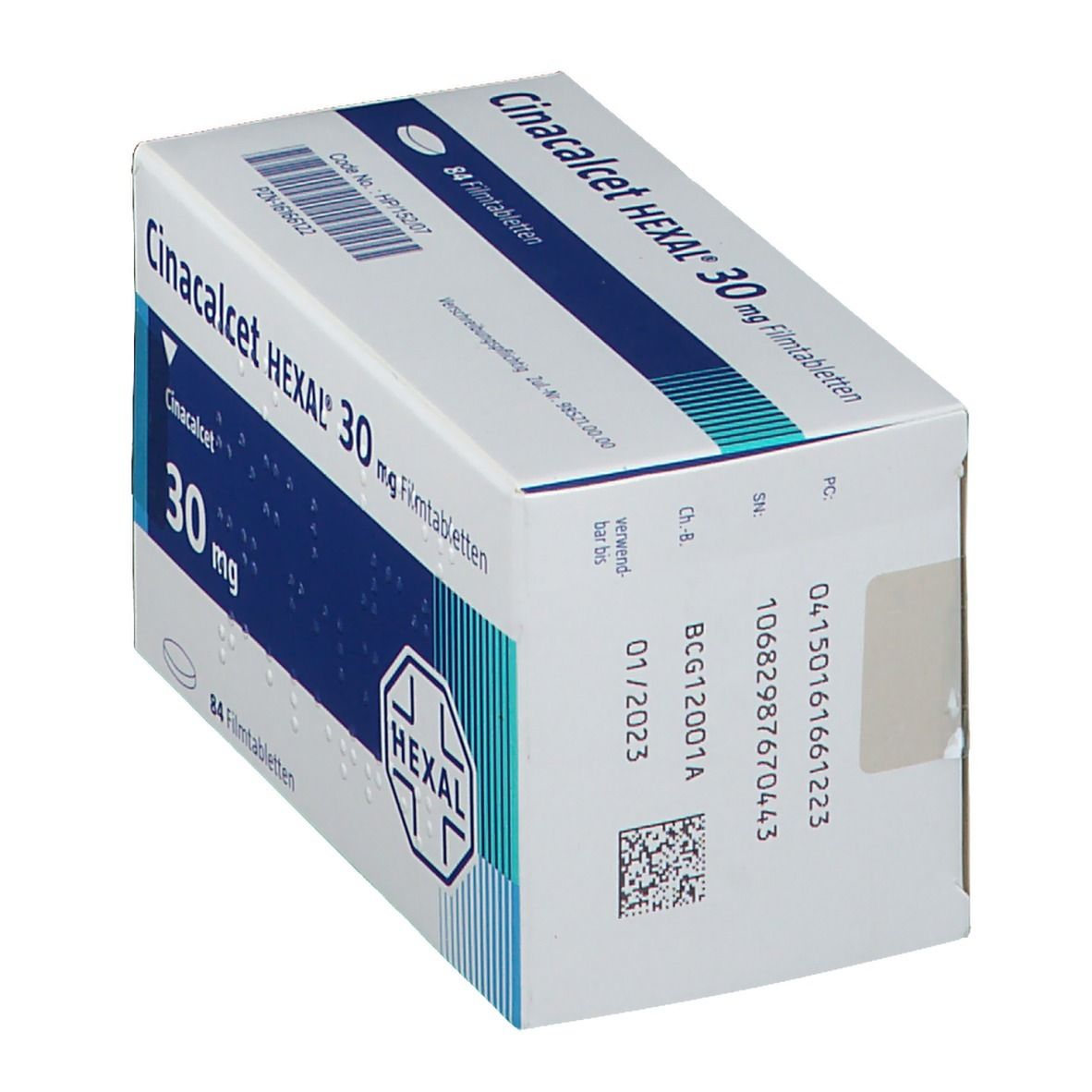 Schräg stehende weiße Faltschachtel mit Aufschrift Cinacalcet HEXAL 30 mg Filmtabletten. HEXAL-Logo. 84 Filmtabletten. Code und PZN.