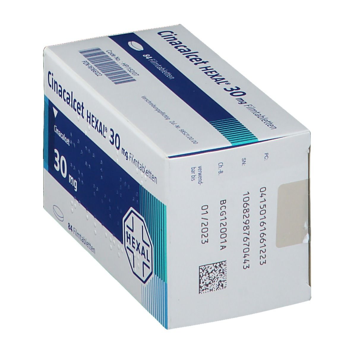 Schräg stehende weiße Faltschachtel mit Aufschrift Cinacalcet HEXAL 30 mg Filmtabletten. HEXAL-Logo. 84 Filmtabletten. Code und PZN.